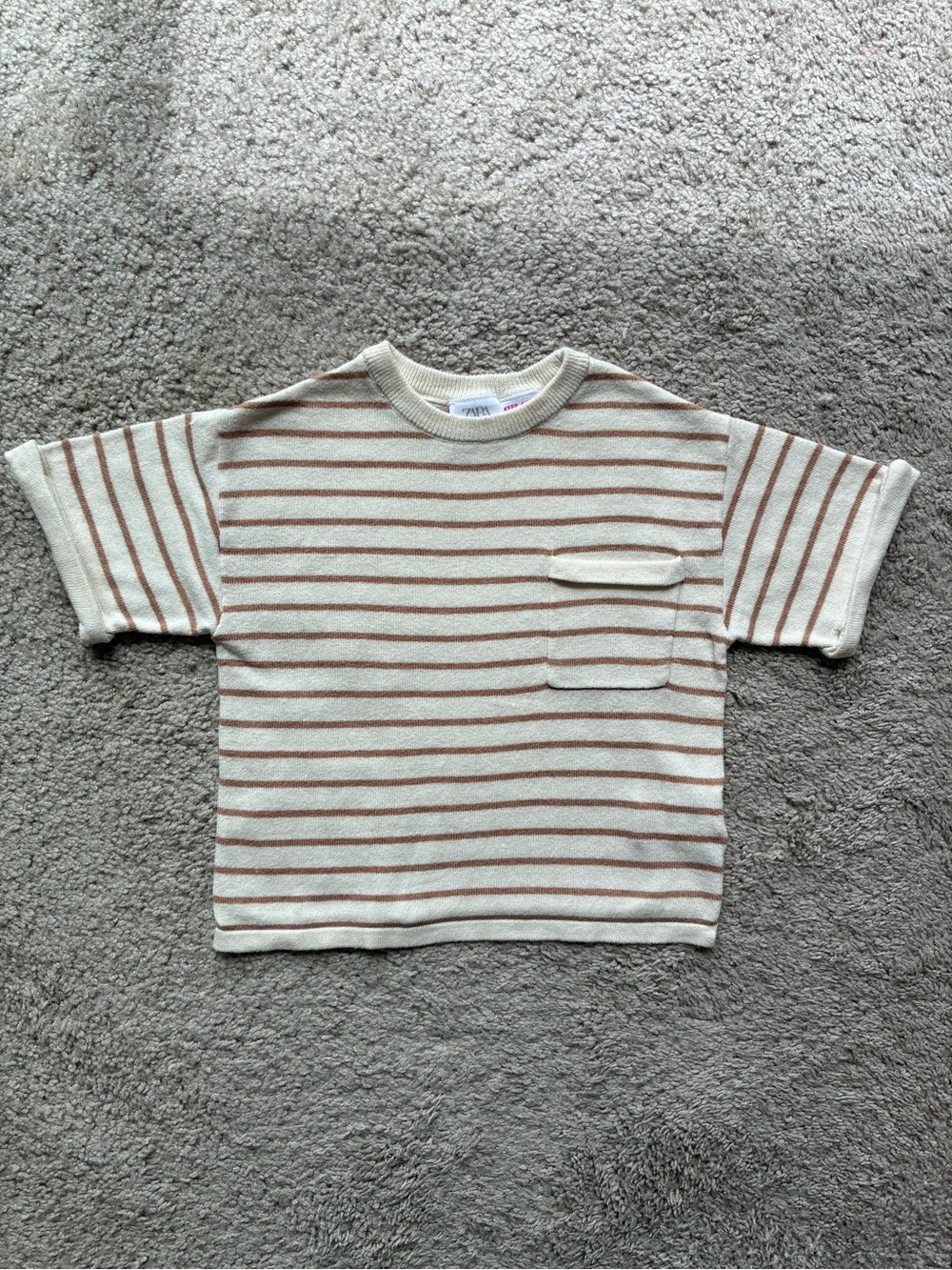 Zara Kids Cream & Brown Striped Short Sleeve Knit Top